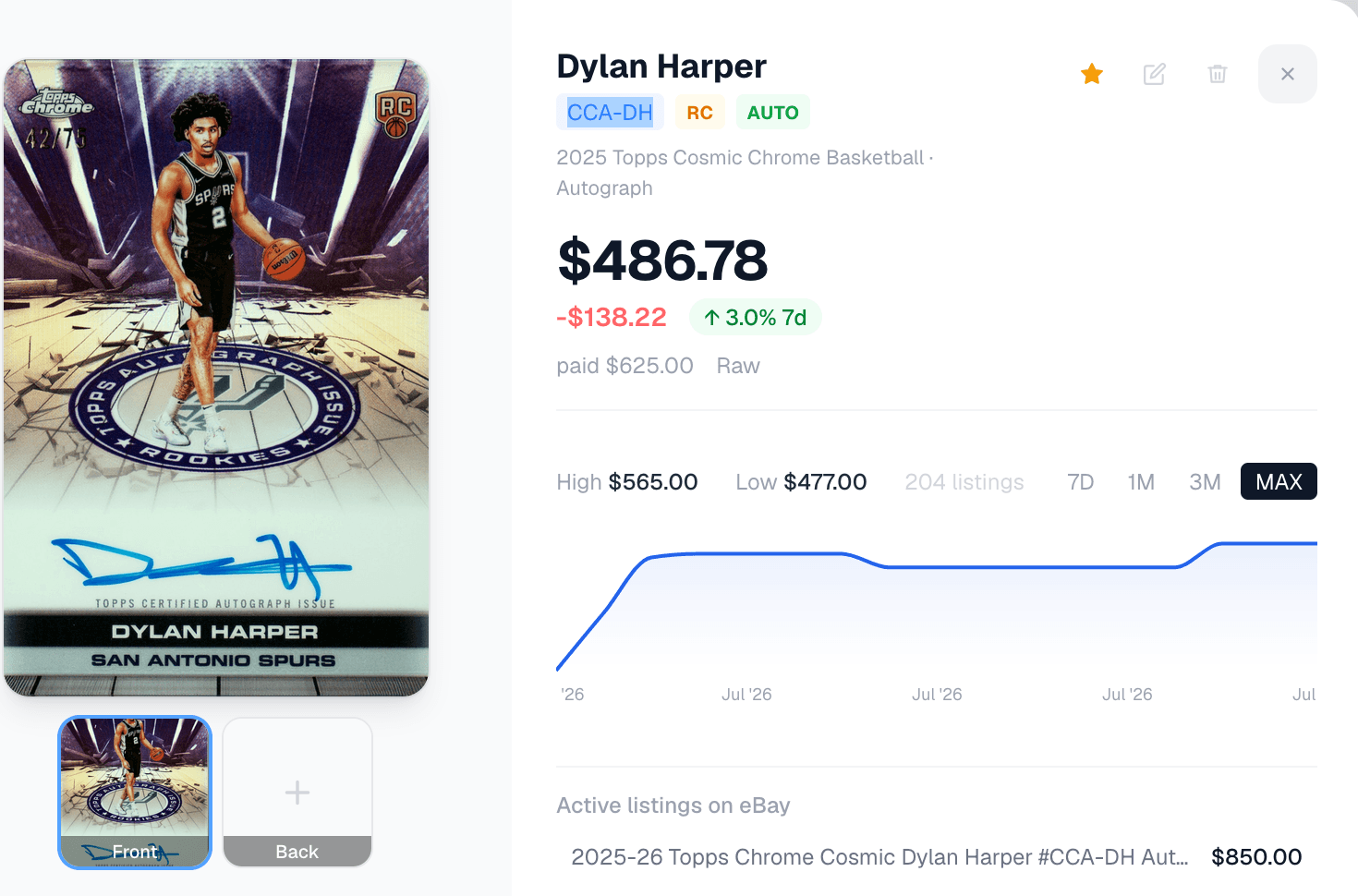 Hoopfolio card detail view showing a card's price history and active eBay listings
